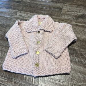VTG Hand Knit Cardigan Girls 12-18 Months Sweater Baby Wool Owl Gold Tone Button